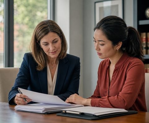 Two professionals reviewing labor certification paperwork together
