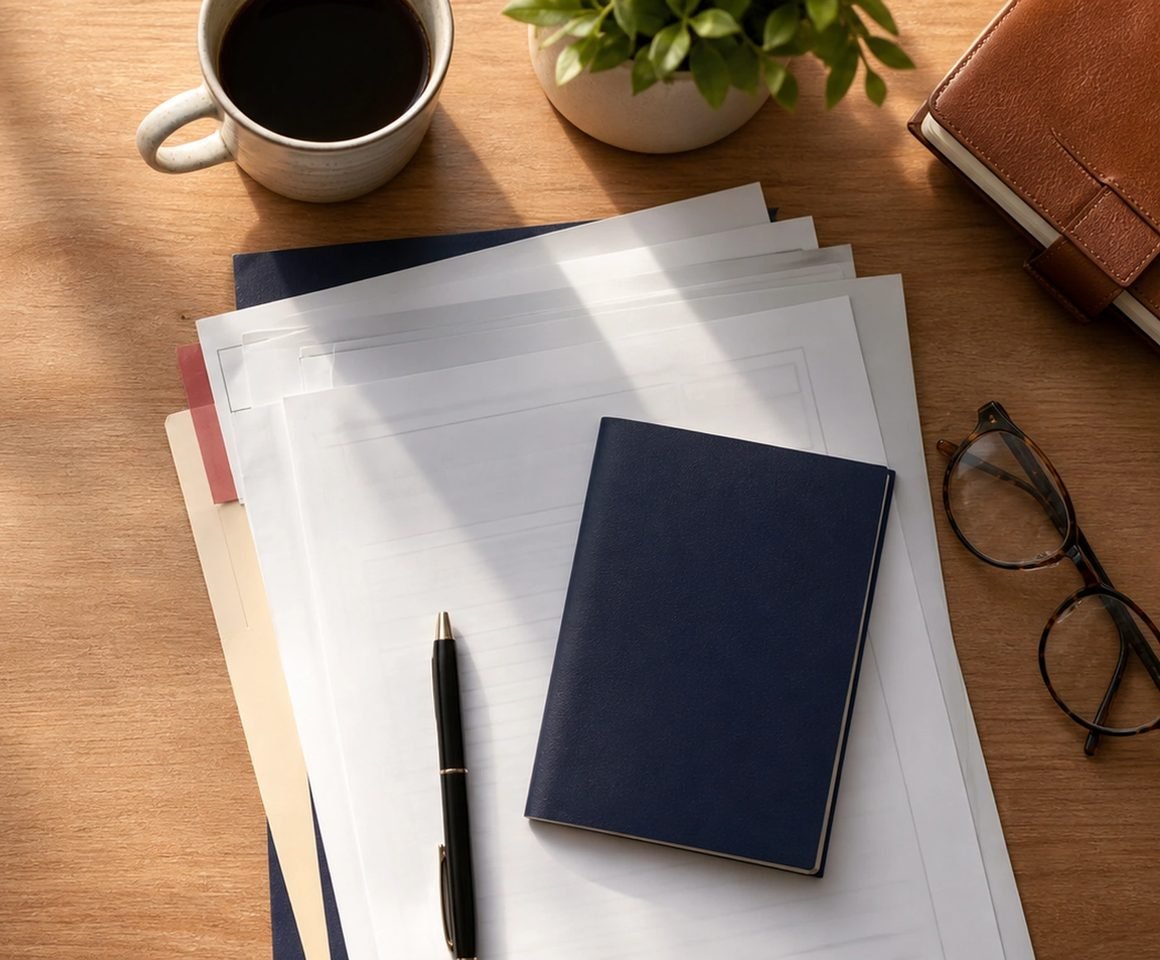 A notebook, pen, and case papers on an attorney's desk