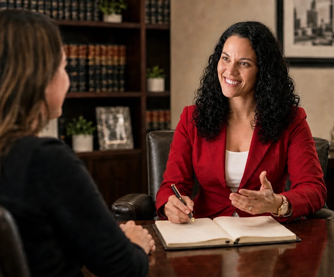 An immigration attorney answering a client's questions across her desk