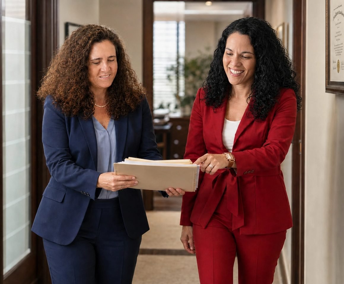 Two immigration attorneys reviewing a case file together in the office