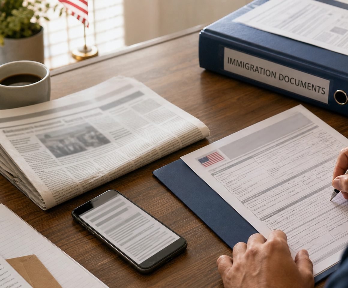 A newspaper, an immigration case binder, and a phone on a desk