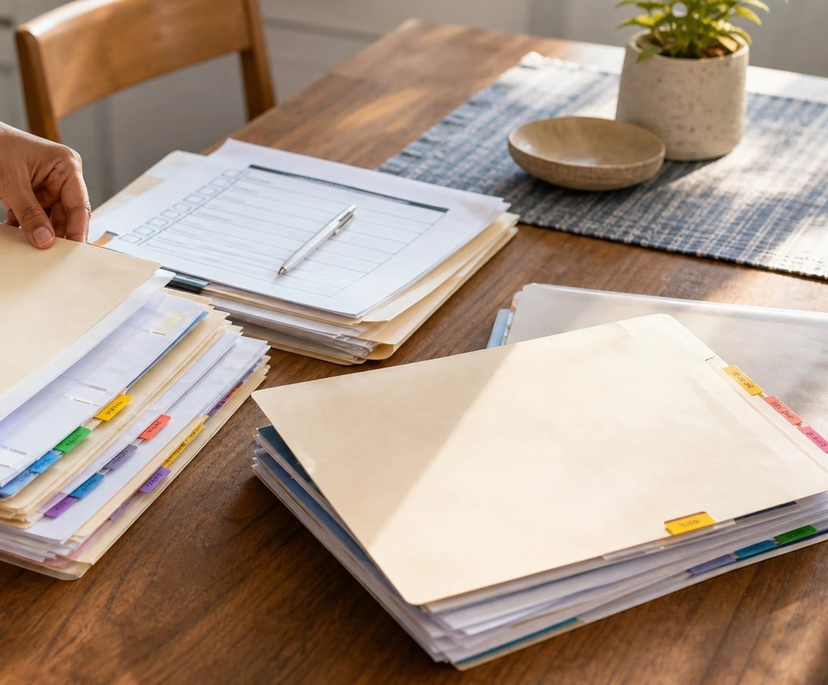 Organized immigration case documents and folders on a table
