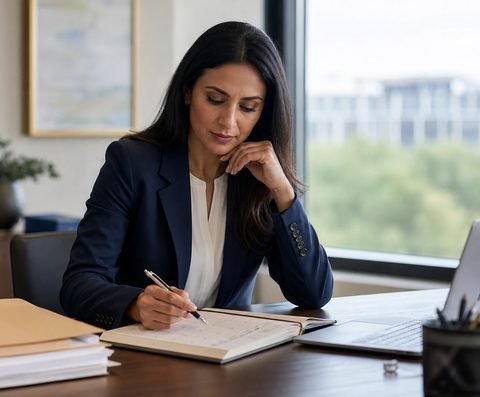 An attorney making notes over an employment case file