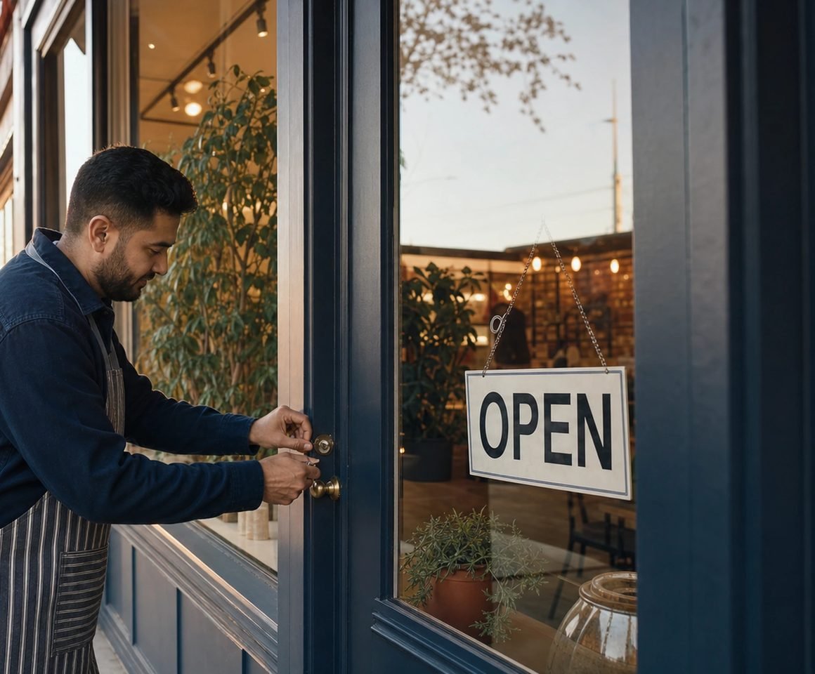 A small business owner unlocking his shop door beside an open sign