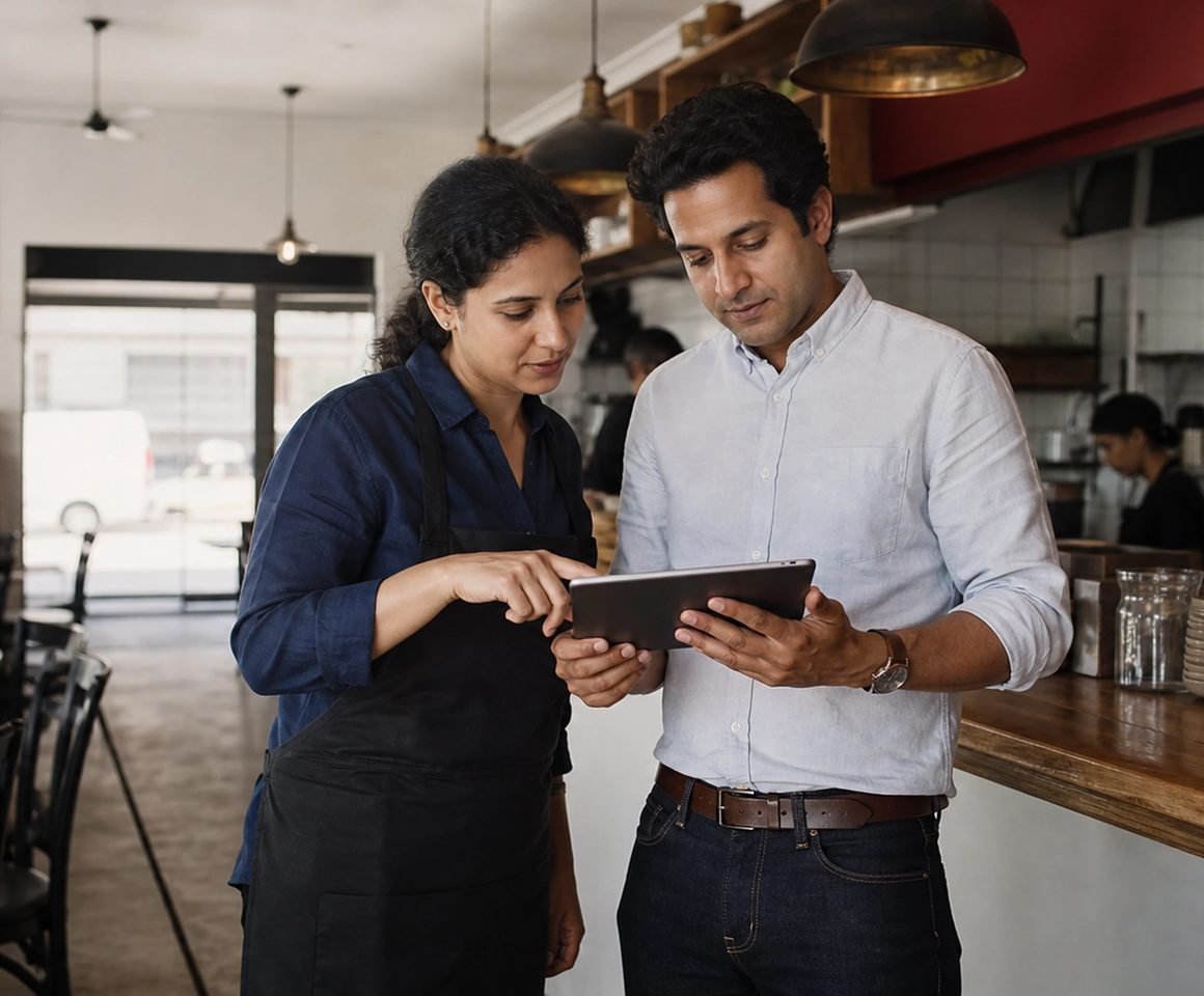 A café owner in an apron and a man reviewing something on a tablet at the counter