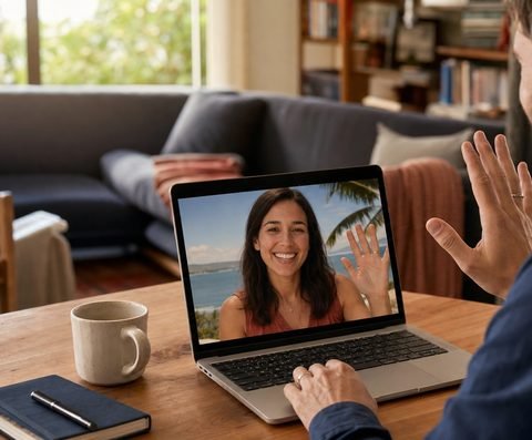 A laptop on a table showing a video call with a woman waving