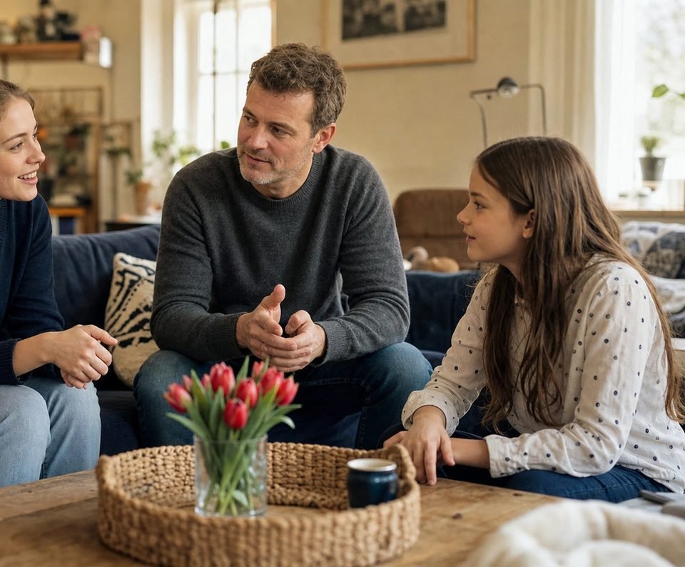 Adults talking together in a living room over coffee