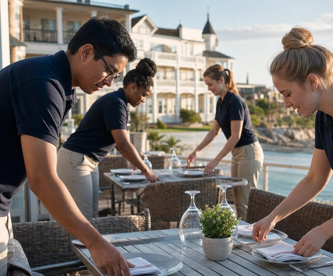 Hospitality staff setting tables at a waterfront restaurant