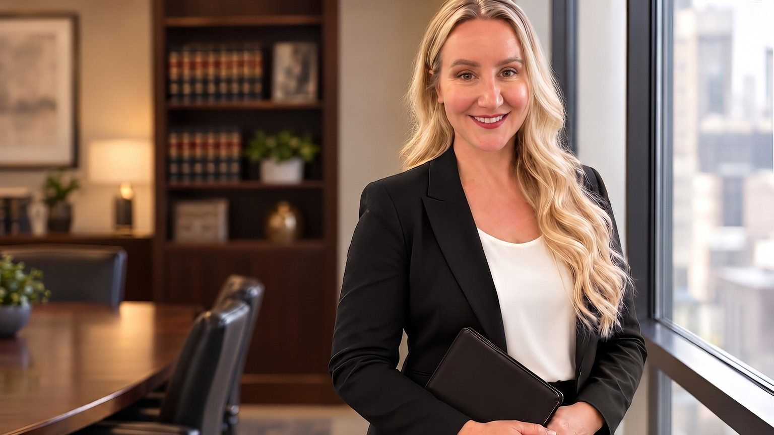 Jessica Smith, abogada de inmigración de Delgado Purdy Law en Chicago, de pie en una sala de reuniones