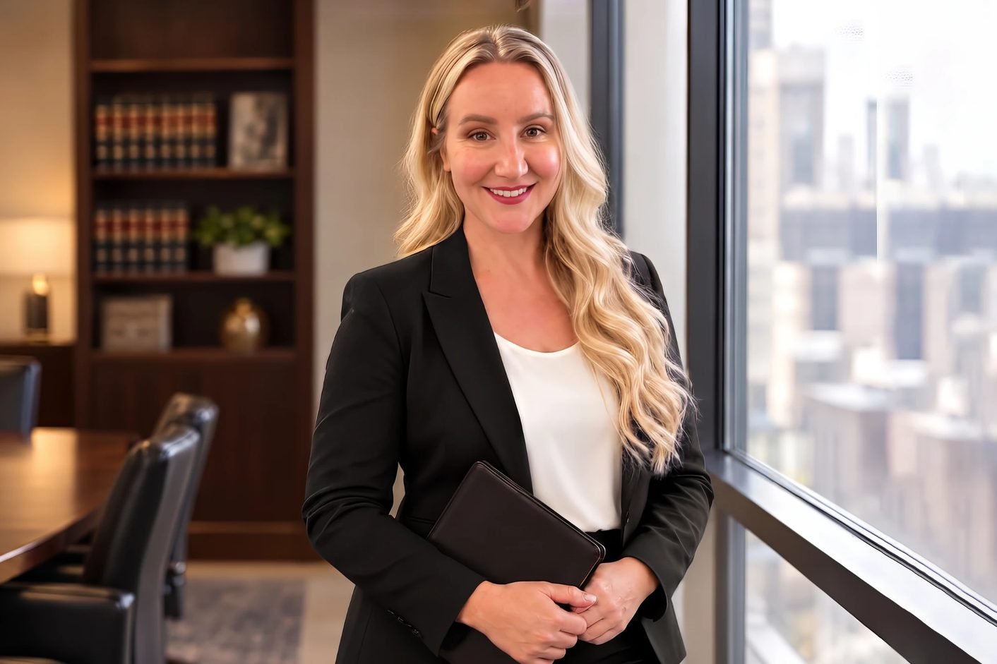 Jessica Smith, Chicago immigration attorney at Delgado Purdy Law, by an office window