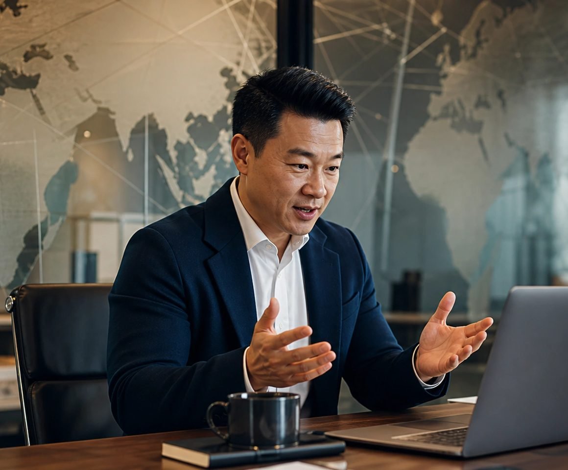 An executive speaking across a desk in an office with a world map on the wall