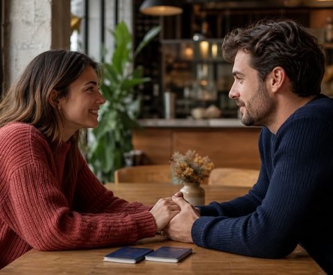 A woman talking with someone across a table at home