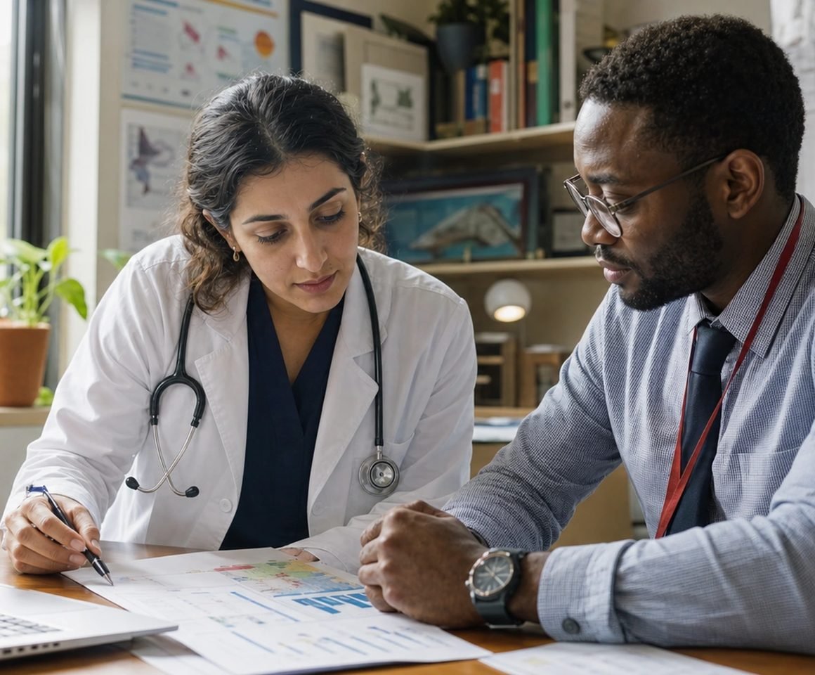A physician and a colleague reviewing research charts together