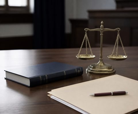 A brass scale of justice and a case file on a courtroom table