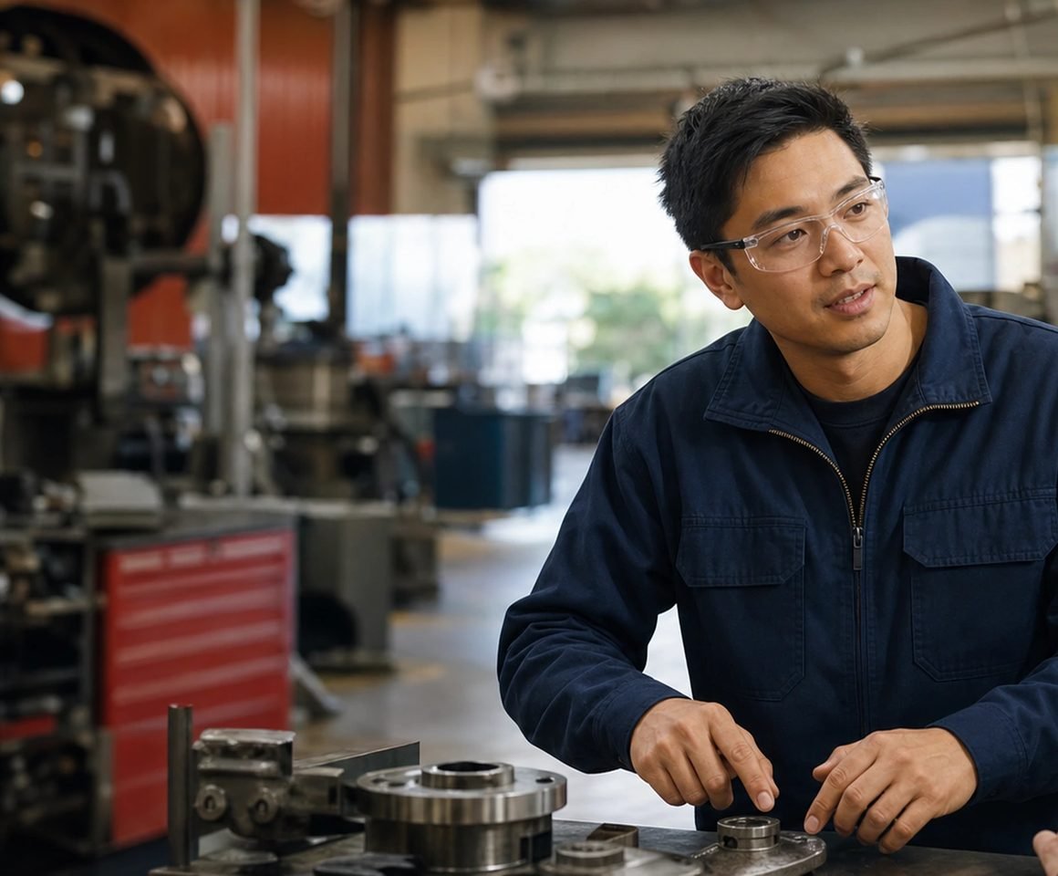 A skilled worker operating equipment on a machine shop floor