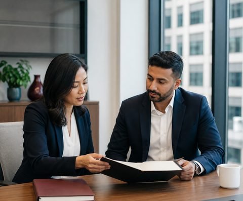 An attorney and an employer reviewing a labor certification file at a conference table