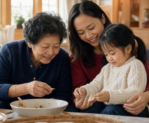 Two women of different generations sharing a meal at home