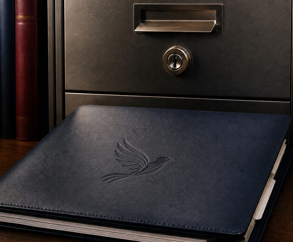 A navy client file embossed with the firm's bird emblem resting on a locked filing cabinet