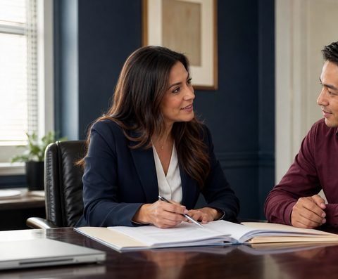 An immigration attorney reviewing a case file at her desk