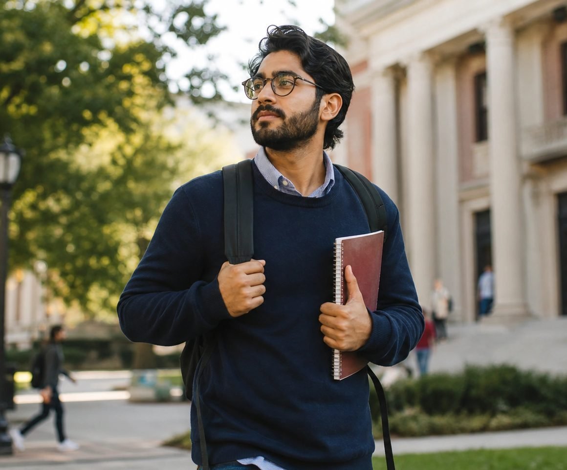 An international student walking across a university campus