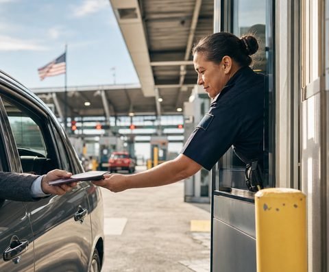 A border officer returning documents to a driver at an inspection booth