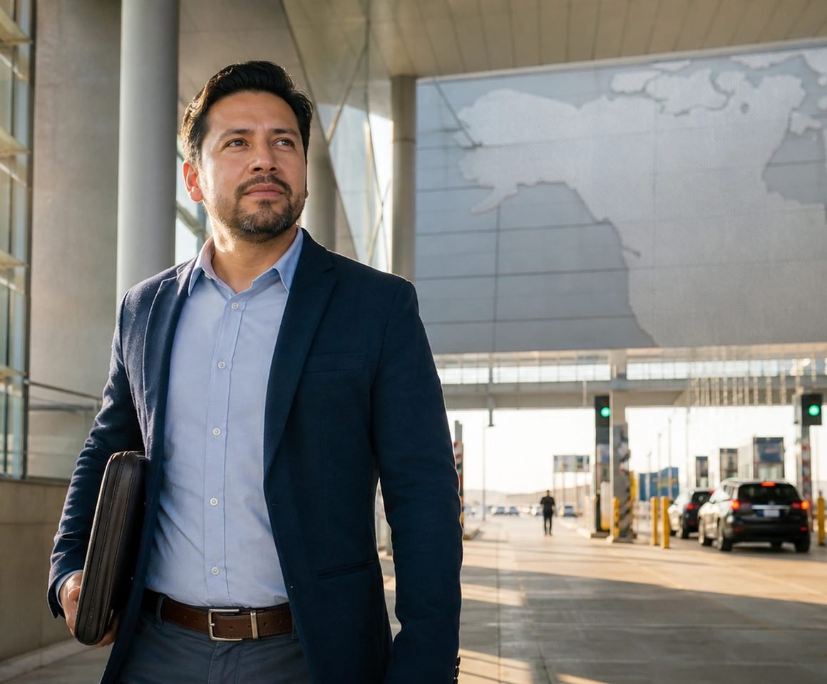 A professional carrying a portfolio through an arrivals terminal