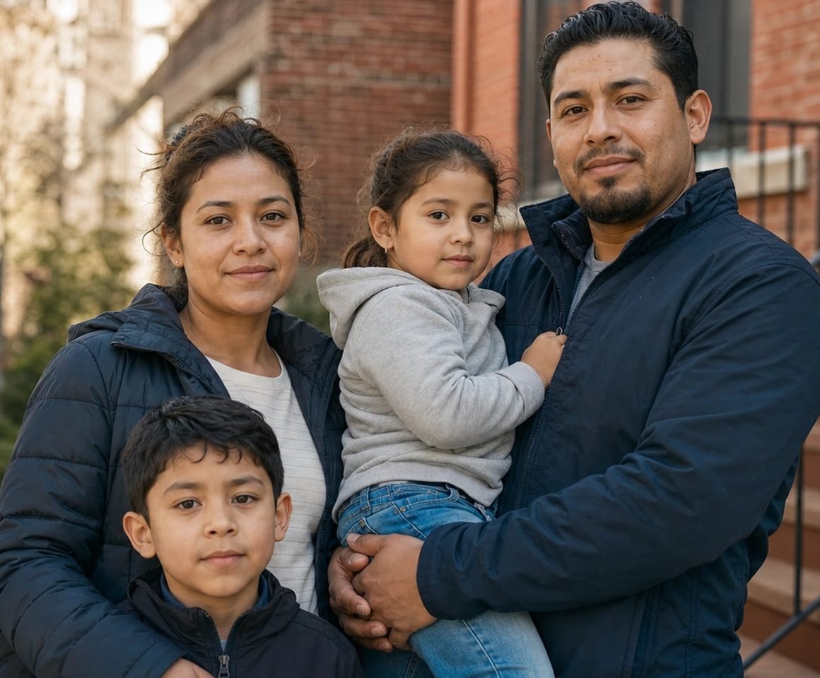 Parents holding their two young children outside their home
