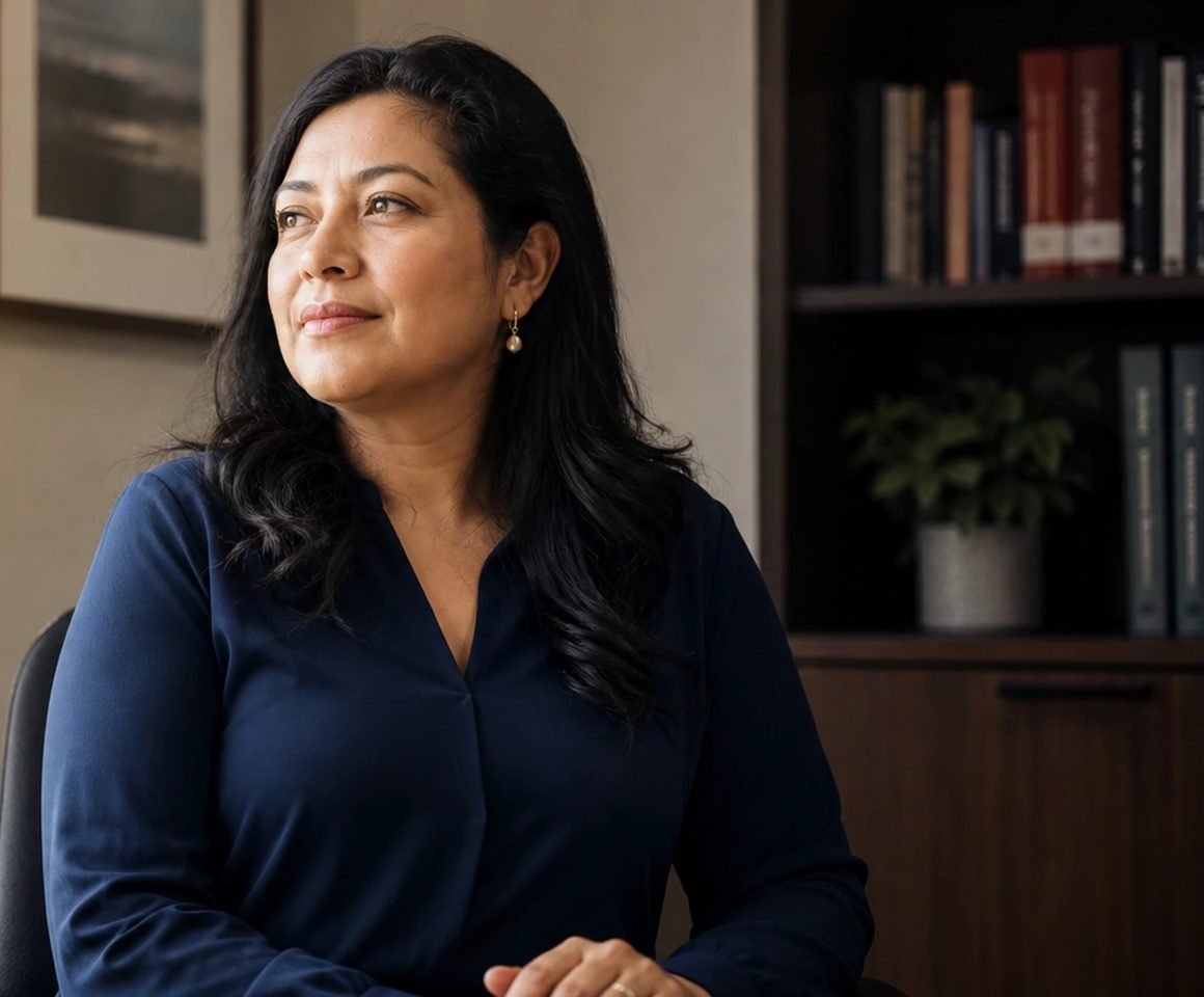 A woman sitting in an attorney's office