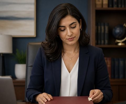 An attorney sitting with a closed case file on her desk
