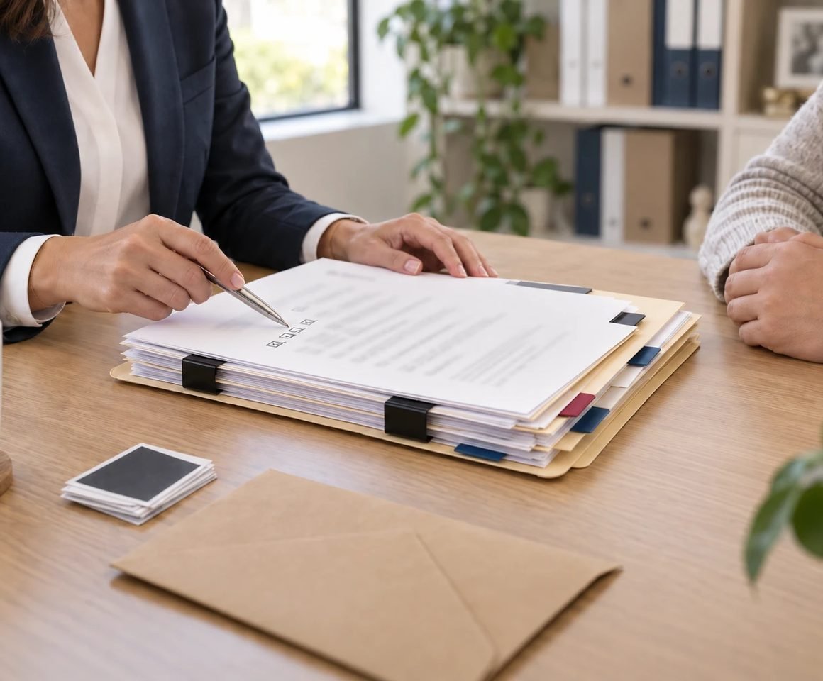 Uma advogada revisando a lista de verificação de um pedido com um cliente do outro lado da mesa