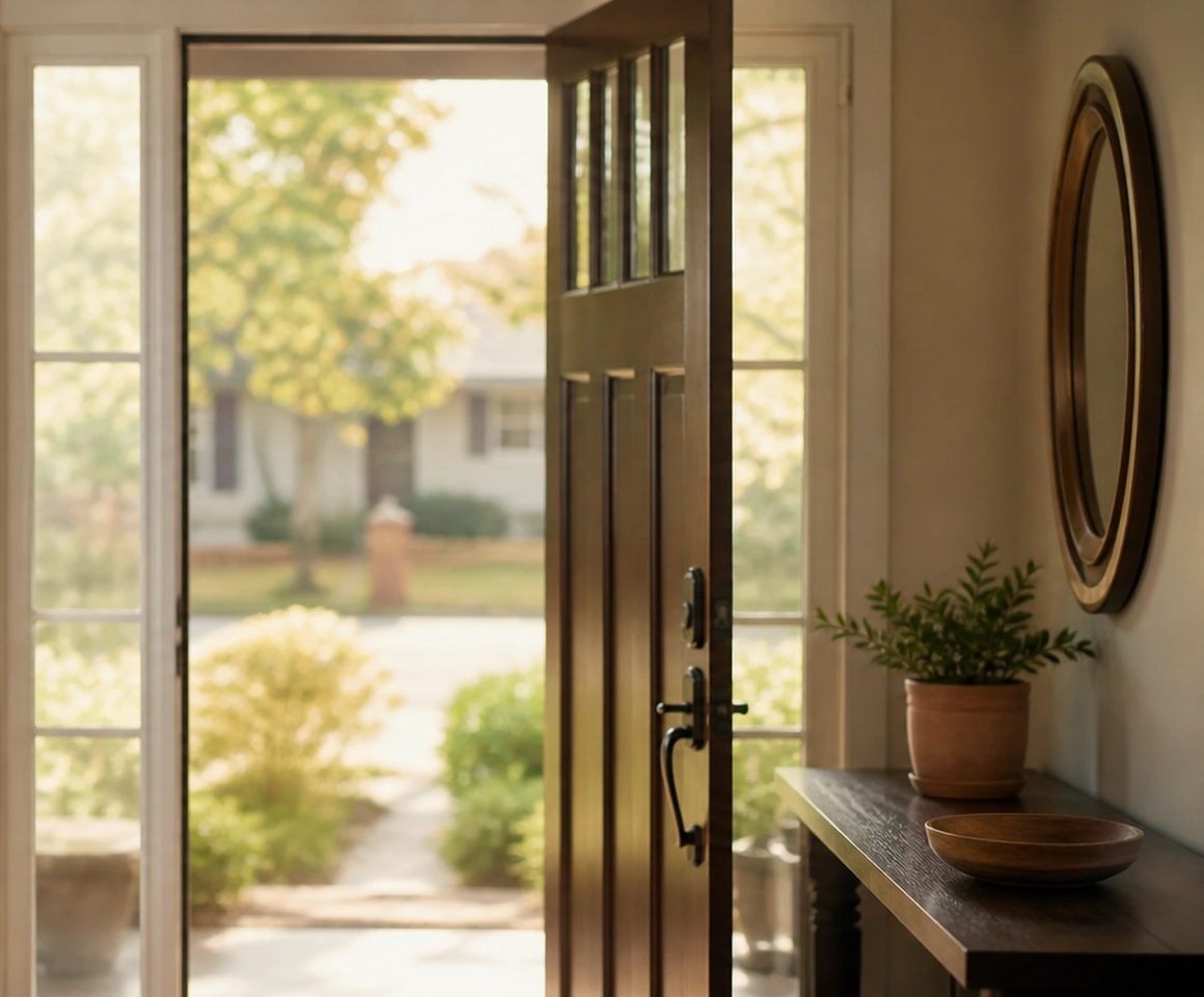 An open front door looking out onto a quiet garden path