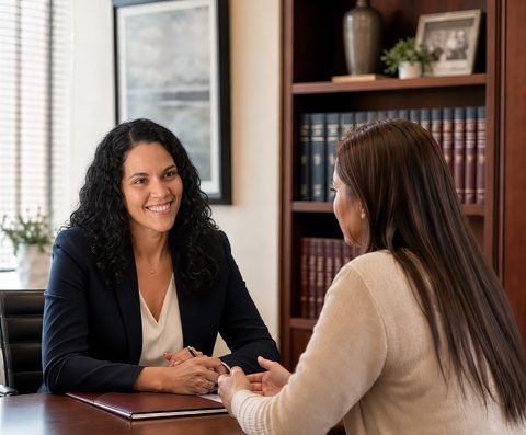 An immigration attorney listening to a client across a desk