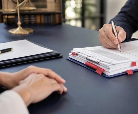 Folded hands beside case documents and a set of scales on a desk