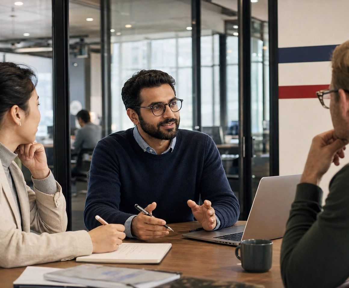 An employer and an employee reviewing visa options at a table